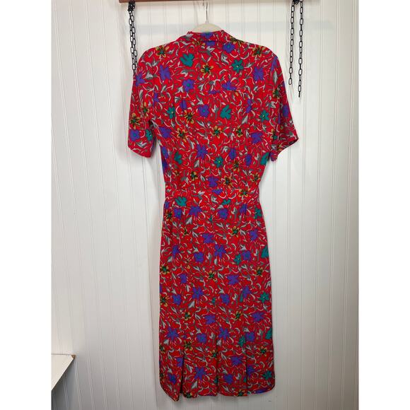 Vintage Strait Lane Red & Purple Floral Midi Dress Short Sleeve VTG Size 8 - Picture 2 of 6